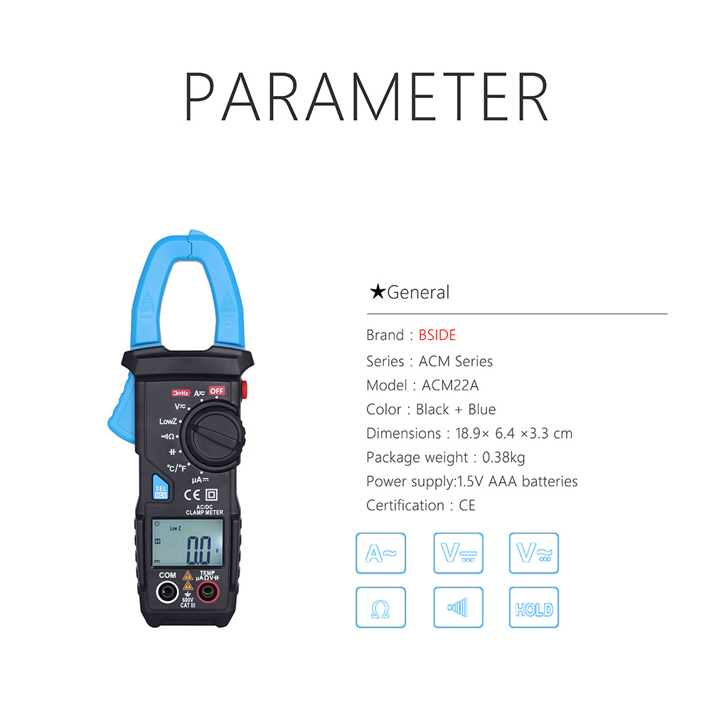 BSIDE ACM22A Digital Clamp Multimeter Tester Meter DMM AC/DC Current