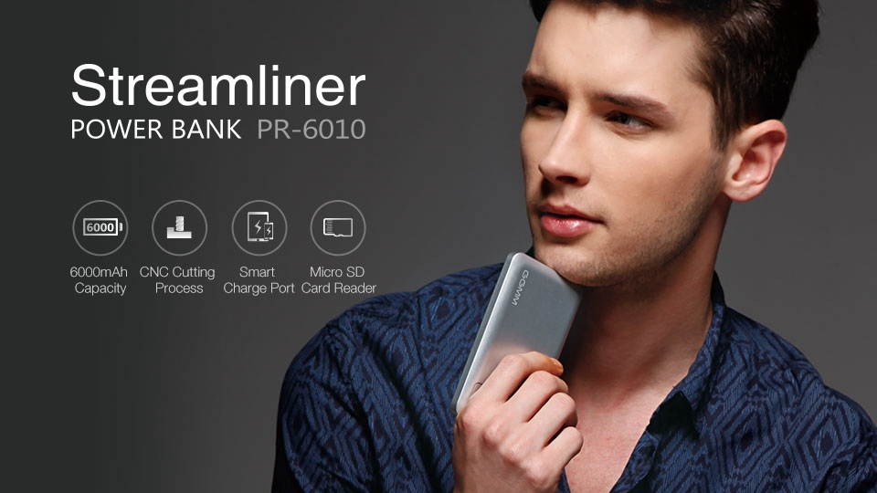 GGMM Streamliner Power Bank PR-6010 6010mAh 2 USB Port with Micro SD Card Reader Function - Silver