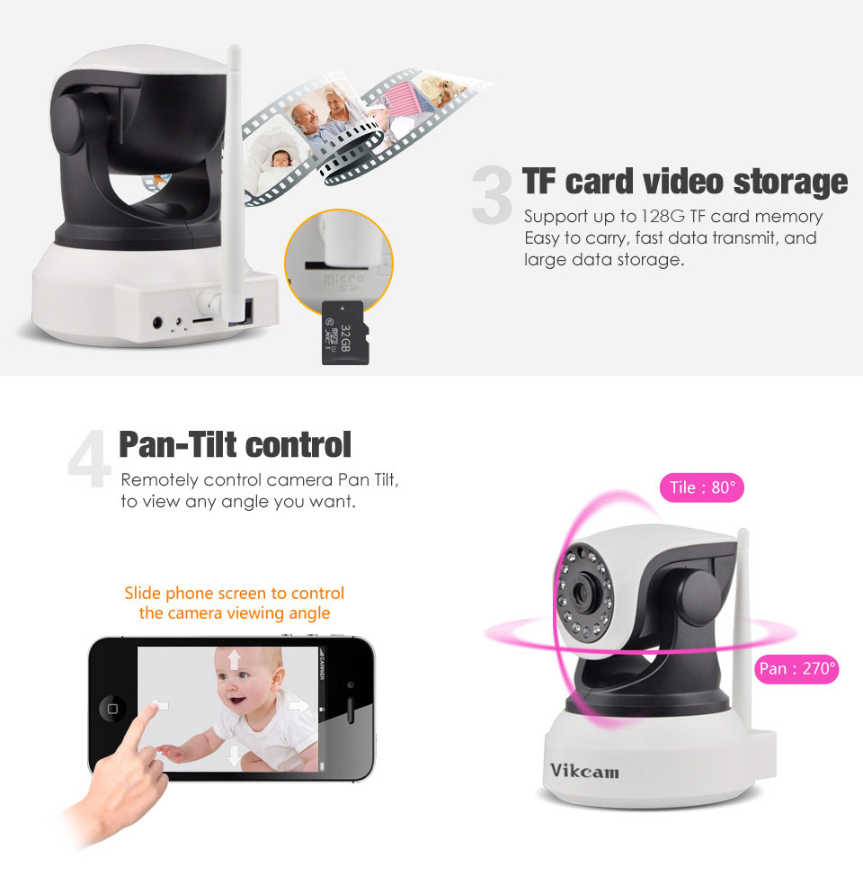 Vikcam C7824WIP WiFi 720P IP Camera with 32GB TF Card Built-in IR-cut ONVIF2.0 Motion Detection Night Vision P2P PT CMOS Sensor Security Camera -White