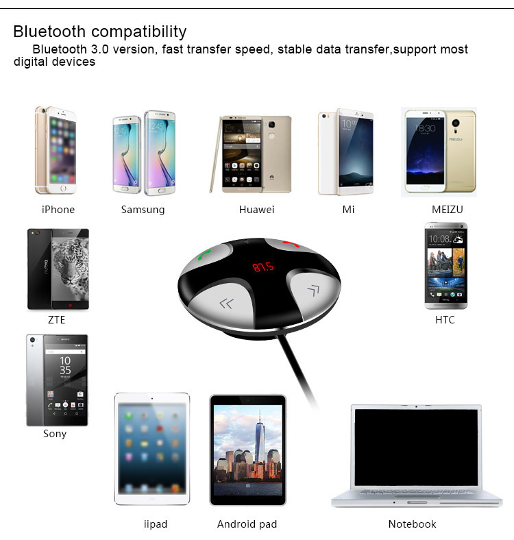 FM29B Bluetooth Handsfree Wireless FM Transmitter Car Kit Mp3 Player A2dp with USB Car Charger TF Card Port - Black