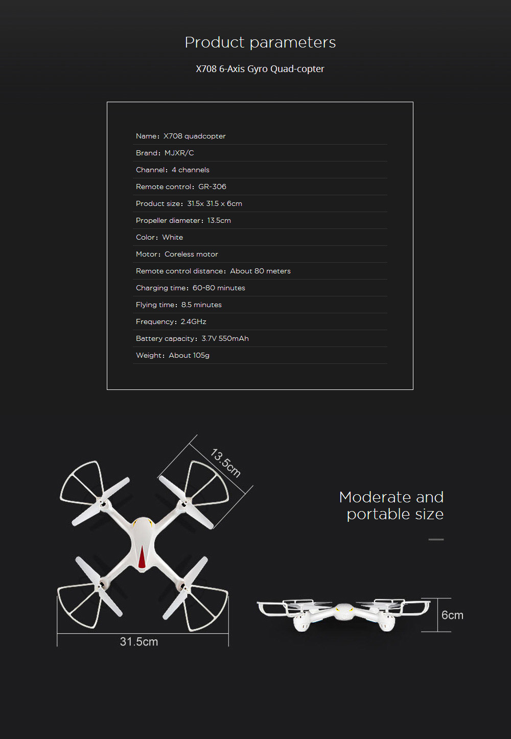 MJX X708 Cyclone 2.4G 6Axis Gyro RC Quadcopter with 3D Flips Headless Mode RTF - White