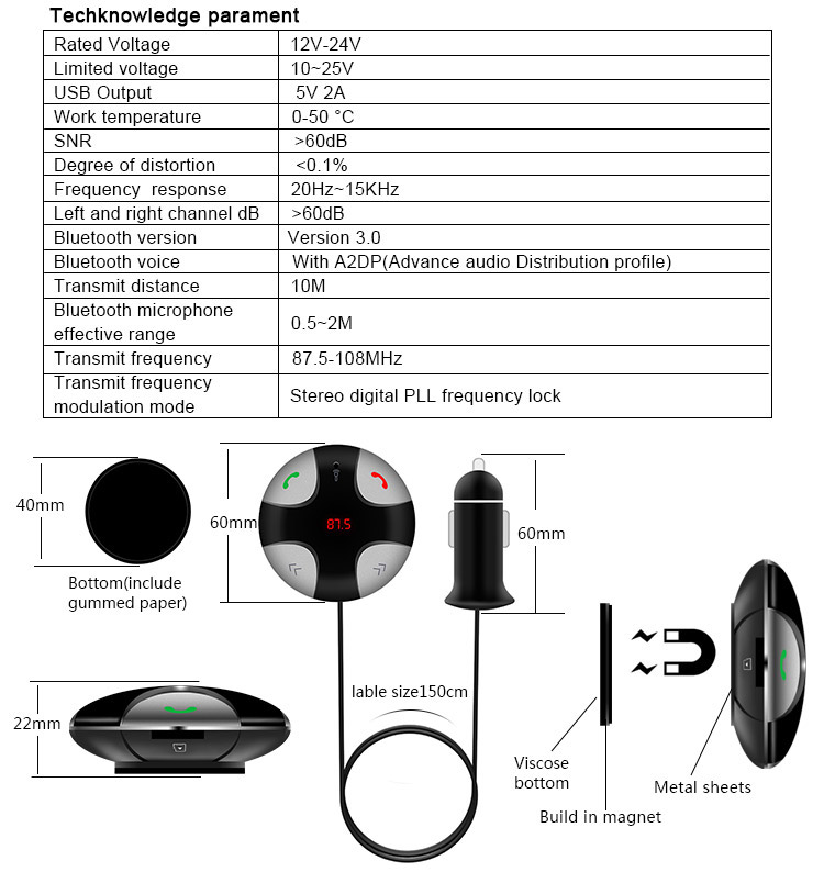 FM29B Bluetooth Handsfree Wireless FM Transmitter Car Kit Mp3 Player A2dp with USB Car Charger TF Card Port - Black