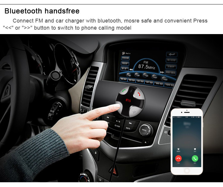 FM29B Bluetooth Handsfree Wireless FM Transmitter Car Kit Mp3 Player A2dp with USB Car Charger TF Card Port - Black