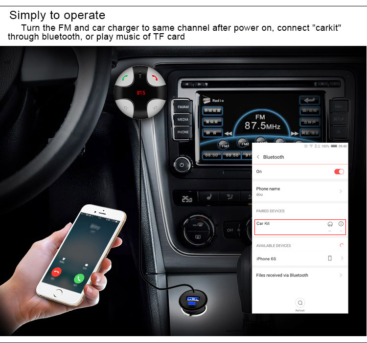 FM29B Bluetooth Handsfree Wireless FM Transmitter Car Kit Mp3 Player A2dp with USB Car Charger TF Card Port - Black