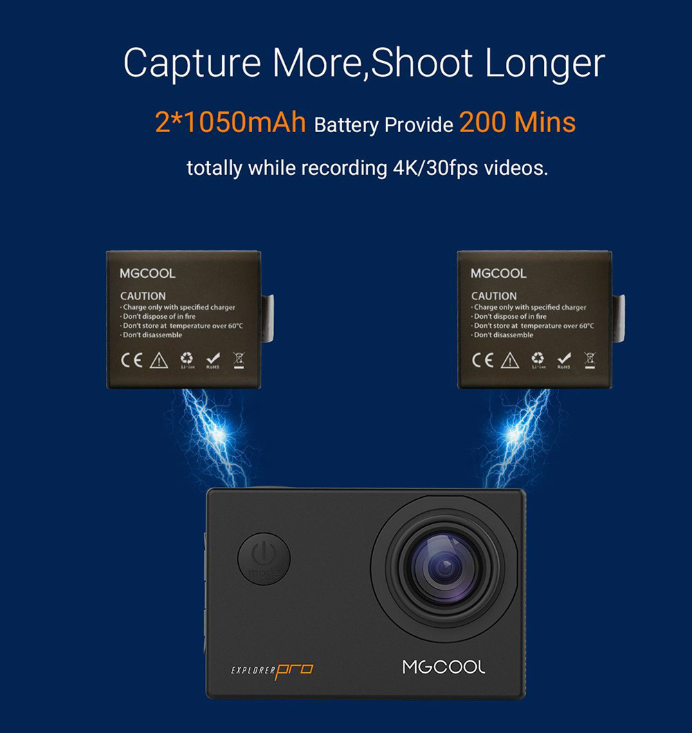 MGCOOL Explorer Pro 4K Action Camera 2.0" Screen Allwinner V3 Sony IMX179 Sensor 6G Sharkeye Lens 170 Degree Wide Angles - Black