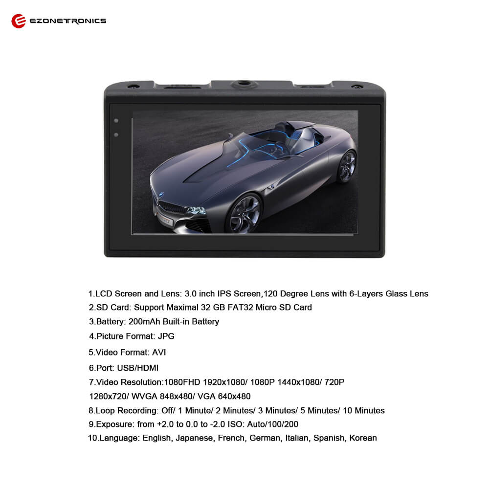RM-AKL168 1080P 3.0" Car DVR with 120 Degree Wide Angle Dashboard Camera Recorder Night Vision G-Sensor - Black