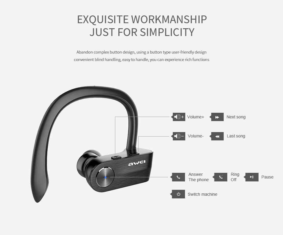 AWEI T2 Wireless Bluetooth Earphone TWS Stereo Headset with Microphone - Black