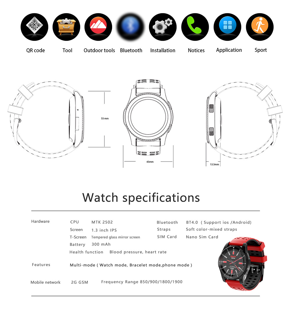 No.1 GS8 Smartwatch Phone MTK2502 Bluetooth 4.0 SIM Card Call Message Reminder Heart Rate Monitor Compatible with Android iOS - Black + Red