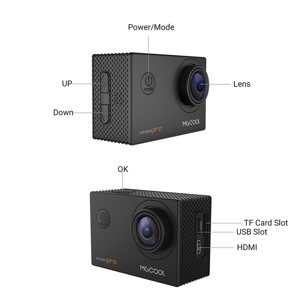 MGCOOL Explorer Pro 4K Action Camera 2.0" Screen Allwinner V3 Sony IMX179 Sensor 6G Sharkeye Lens 170 Degree Wide Angles - Black