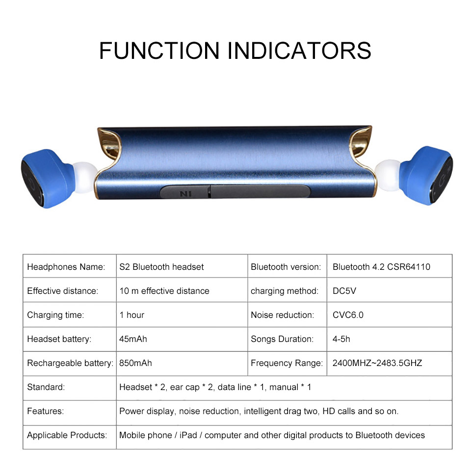 S2 TWS Wireless Bluetooth Dual Earphone with Built-in Mic Waterproof IPX7 Headphone Stereo Bass Headset - Black