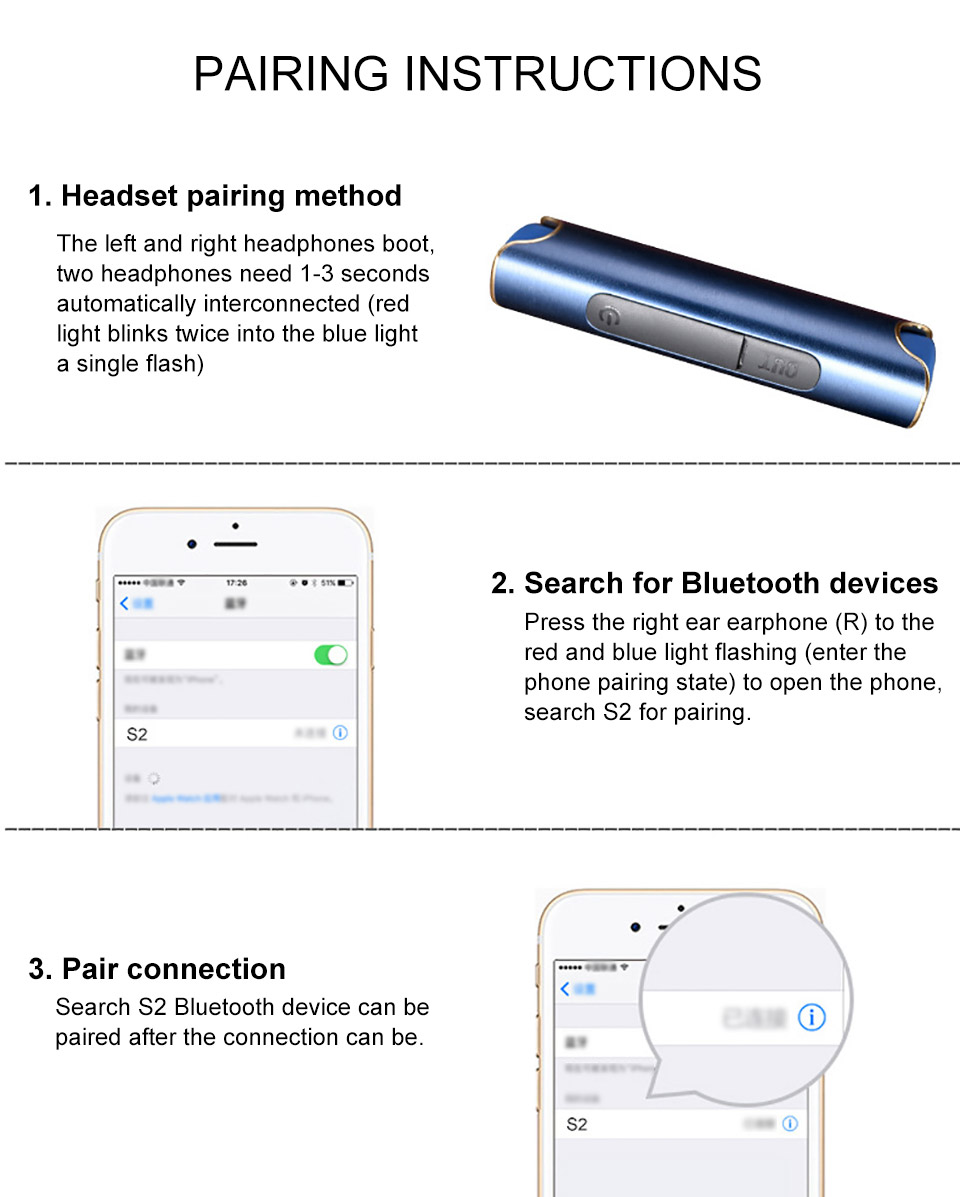 S2 TWS Wireless Bluetooth Dual Earphone with Built-in Mic Waterproof IPX7 Headphone Stereo Bass Headset - Black