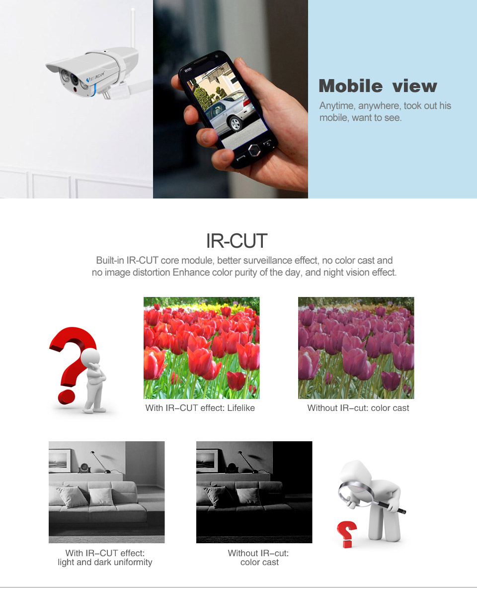 VStarcam C7816WIP IP Camera Wireless 1.0MP H.264 IP67 Waterproof Outdoor Camera Built-in IR-CUT Night Vision Multi-user Security Camera -White