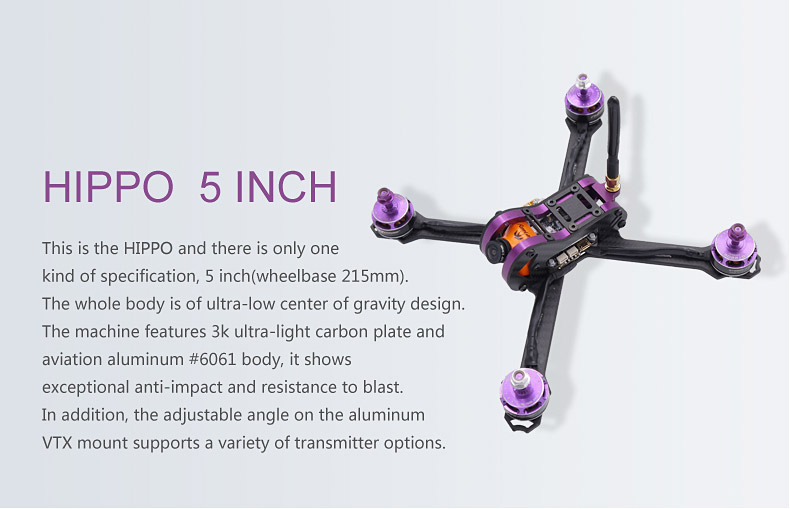 Hippo 5 Inch 215mm Wheelbase 4mm Arm Thickness Carbon Fiber Frame Kit for FPV Racing