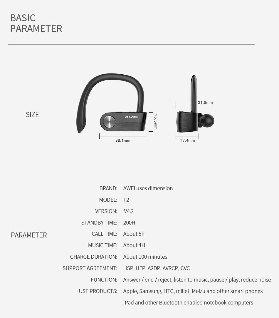 AWEI T2 Wireless Bluetooth Earphone TWS Stereo Headset with Microphone - Black