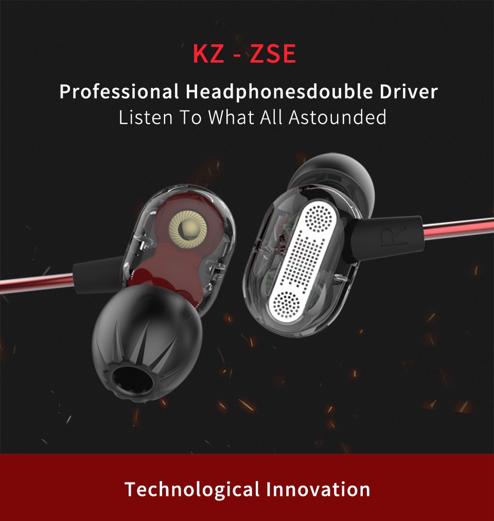 KZ ZSE Headphone with Mic Dual Dynamic Drivers Earphone Noise Isolating HiFi Music Sports Earbuds - Black
