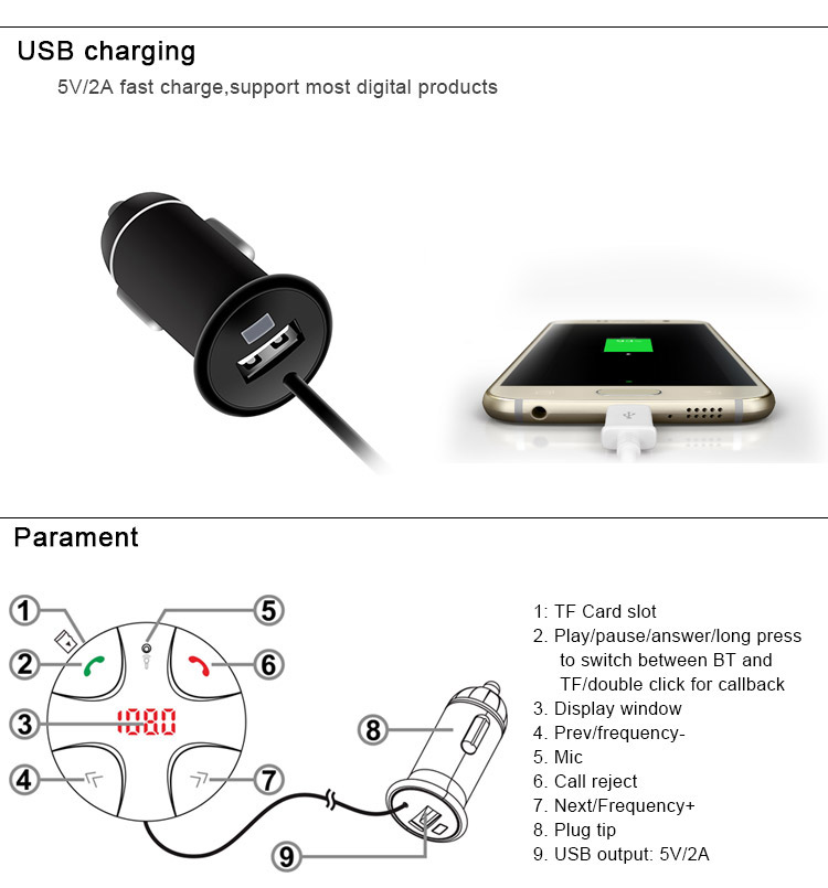 FM29B Bluetooth Handsfree Wireless FM Transmitter Car Kit Mp3 Player A2dp with USB Car Charger TF Card Port - Black