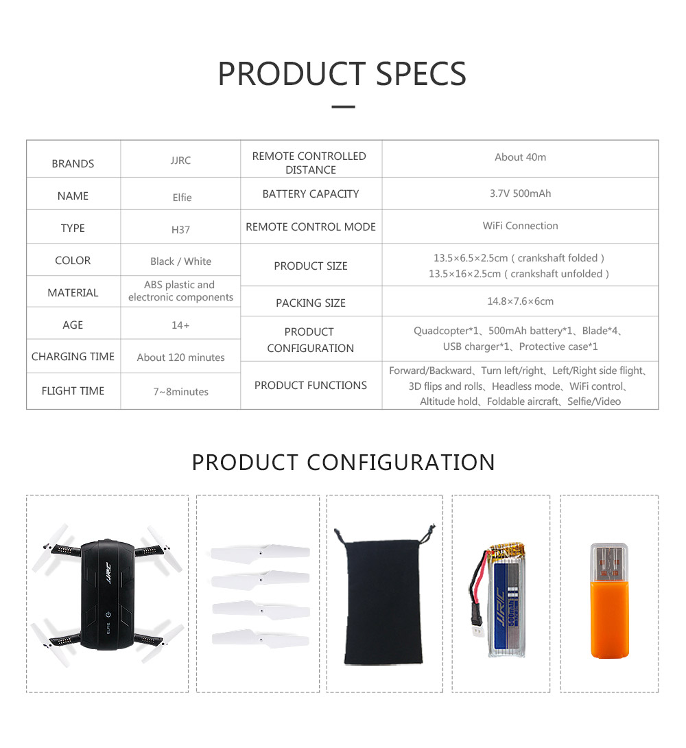 JJRC H37 Elfie Foldable Pocket Selfie Drone WIFI FPV Altitude Hold Mode RC Quadcopter - Black