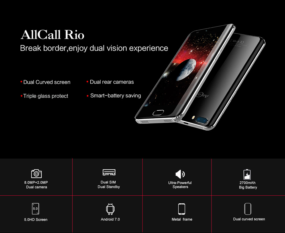 AllCall Rio 5.0 Inch Smartphone 3D Dual Curved Screen Dual Rear Camera 16GB ROM MTK6580A Quad Core Android 7.0 Metal Body OTG - Gold