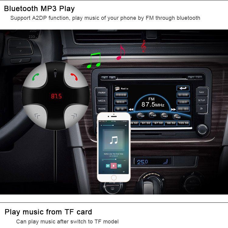FM29B Bluetooth Handsfree Wireless FM Transmitter Car Kit Mp3 Player A2dp with USB Car Charger TF Card Port - Black