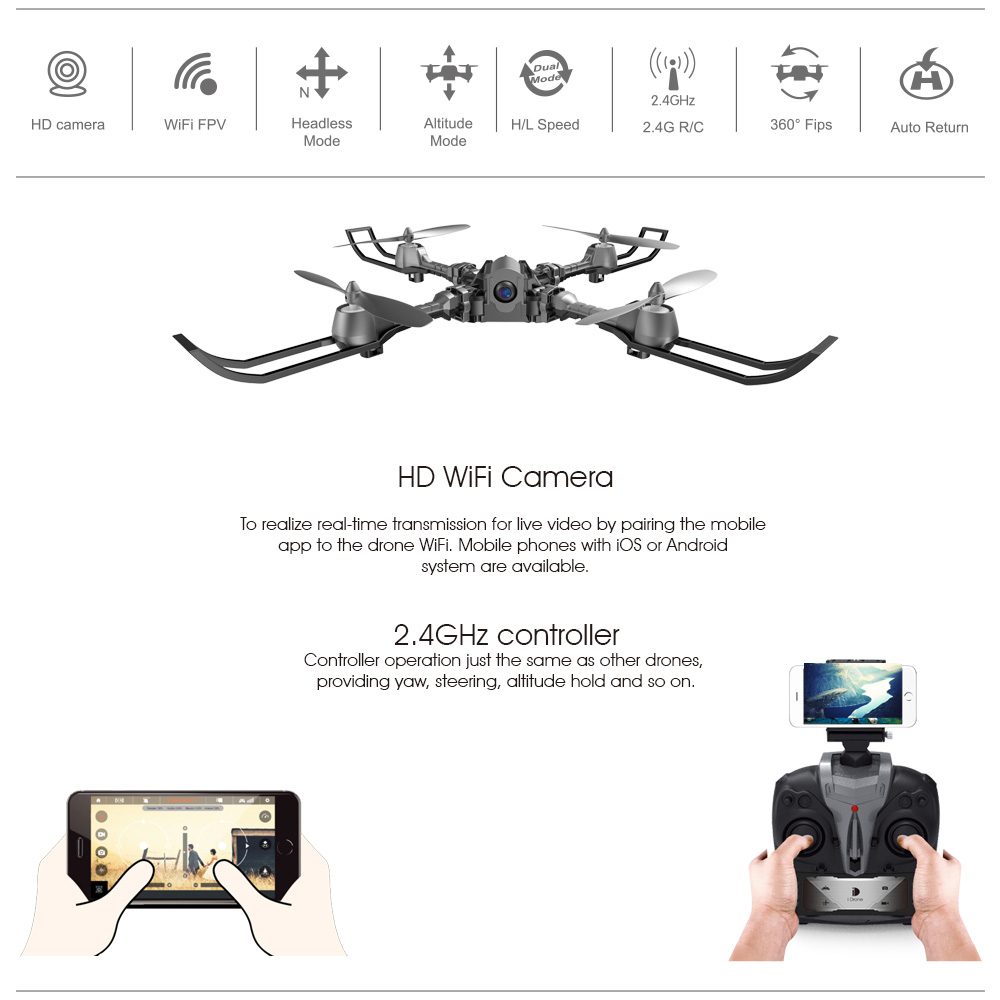 I Drone I5HW WIFI FPV Selfie Drone with HD Camera Foldable Arms Altitude Hold Mode RC Quadcopter RTF - Gray