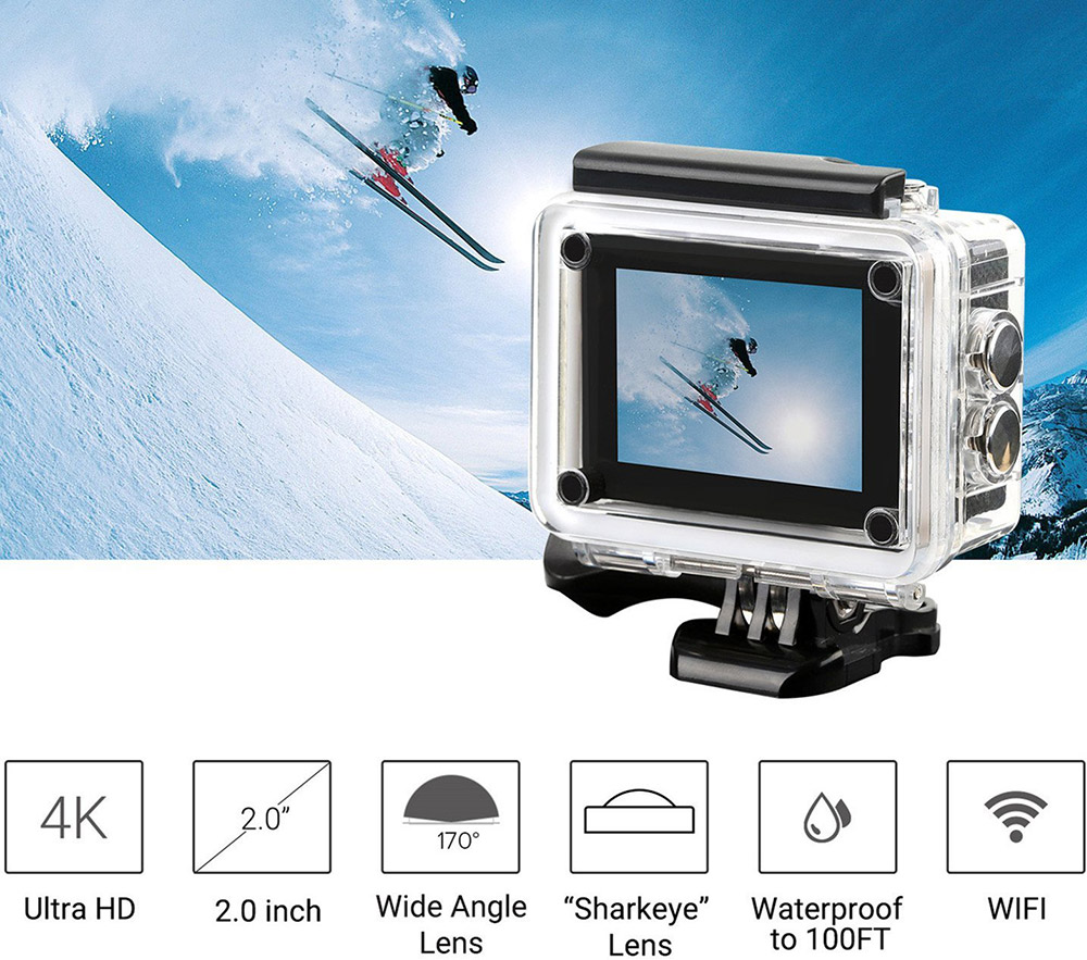 MGCOOL Explorer Pro 4K Action Camera 2.0" Screen Allwinner V3 Sony IMX179 Sensor 6G Sharkeye Lens 170 Degree Wide Angles - Black