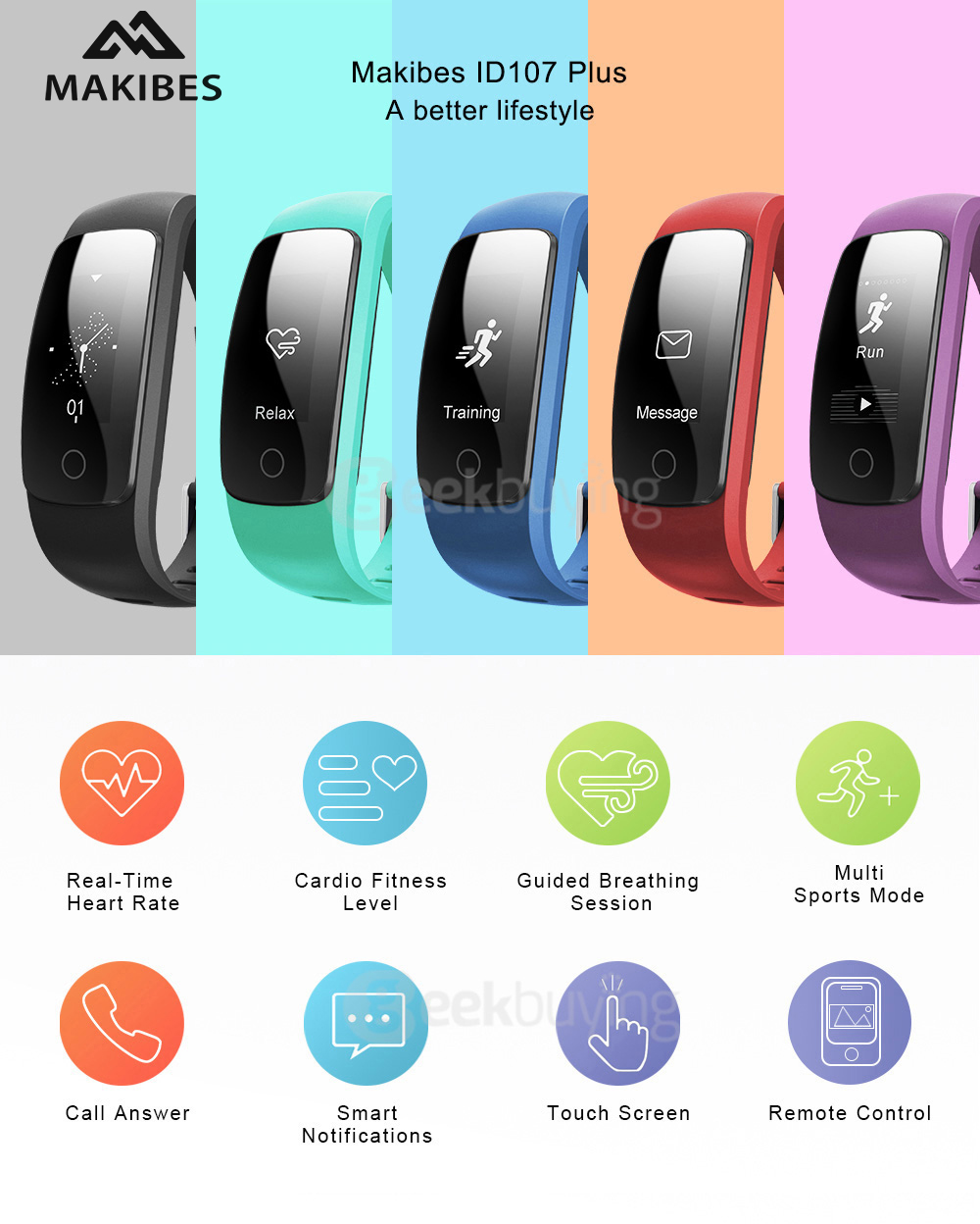 Makibes ID107 Plus Smart Bracelet 0.96 Inch IP67 Bluetooth OLED Activity Tracker Heart Rate Tracker Call Answer Compatible with Android iOS - Blue