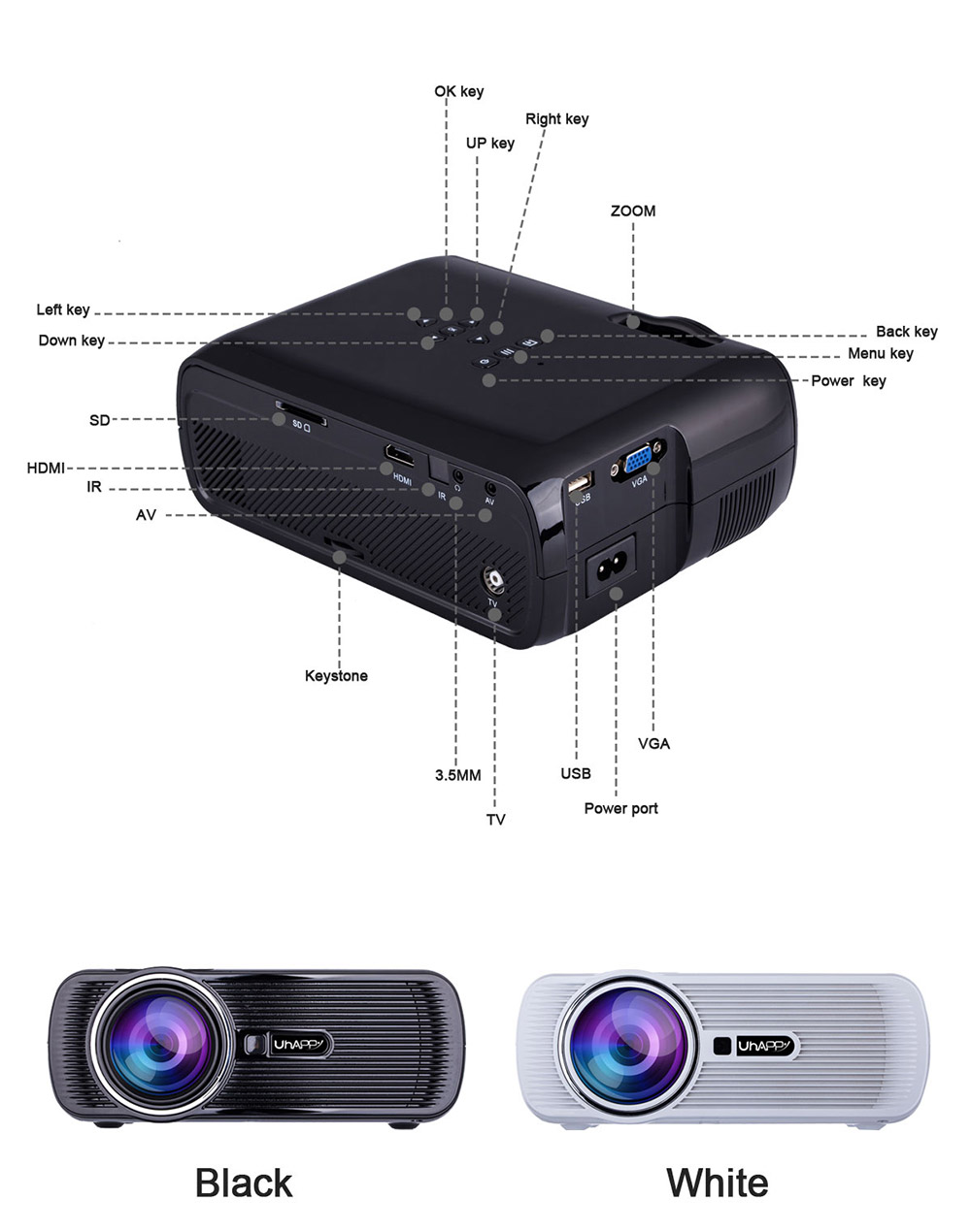 Uhappy U80 Plus Andriod 6.0 1080P Mini Project 1GB/8GB Amlogic S905X 1000 Lumens HDMI VGA USB SD Card Home Theater for TV Laptop Game iPhone Andriod Smartphone - Black