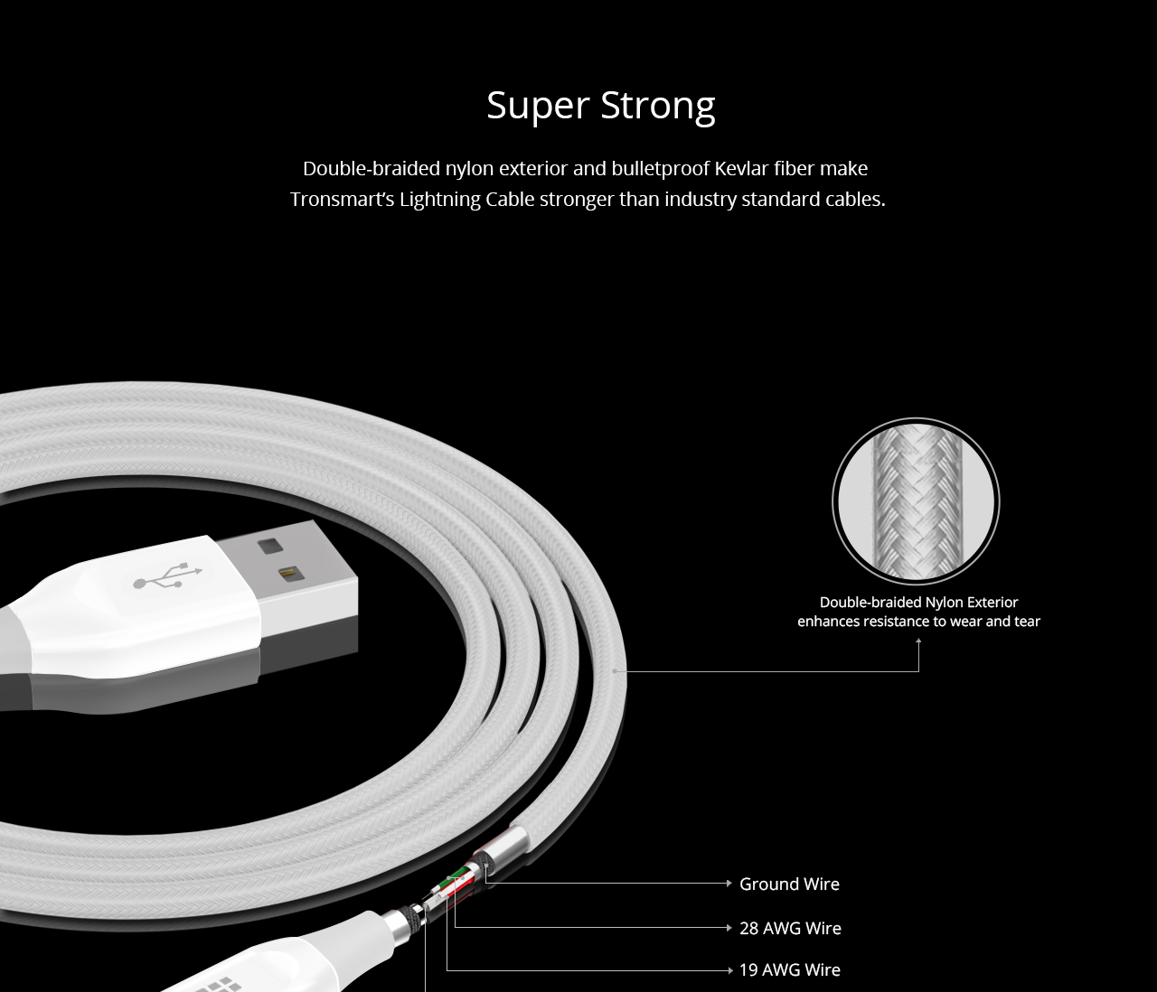 Tronsmart 1ft/0.3m 19AWG Lightning Cable Double Braided Nylon Lightning Cable for iPhone iPad and More- Gray+White