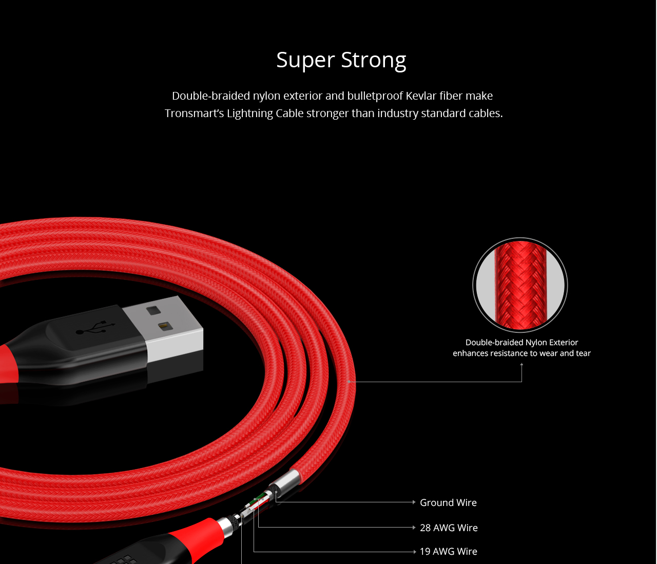 Tronsmart 1ft/0.3m 19AWG Lightning Cable Double Braided Nylon Lightning Cable for iPhone iPad and More - Red+Black