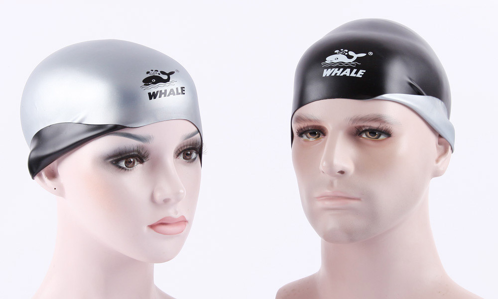 WHALE CAP-1801 Silicone Swimming Cap 3D Ergonomic Design Swim cap for Adults Lightweight and Durable - Silver+Black