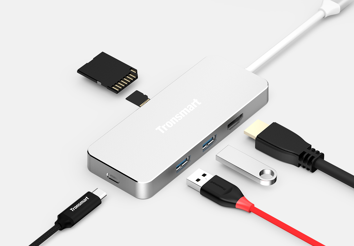 Tronsmart Type-C 3.1 Hub with Type-C Charging Port HDMI Output Card Readers USB 3.0 Ports for MacBook & More - Silver