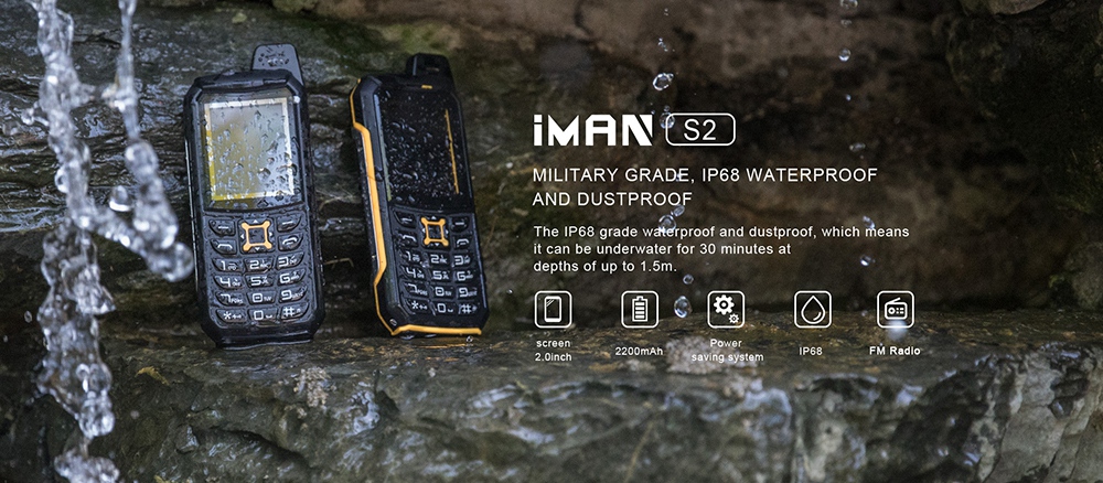 iMAN S2 IP68 Rugged Phone Waterproof Dustproof Shockproof 6531CA 64M+64M 2.0MP Flashlight Power Bank 2200mAh Cell Phone - Yellow
