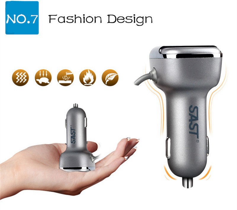 SAST T52S Dual USB Ports Car Charger 5V 3.4A Car Cigarette Lighter Socket Voltage-testing Extension Charging Cable Multi-protections - Gray