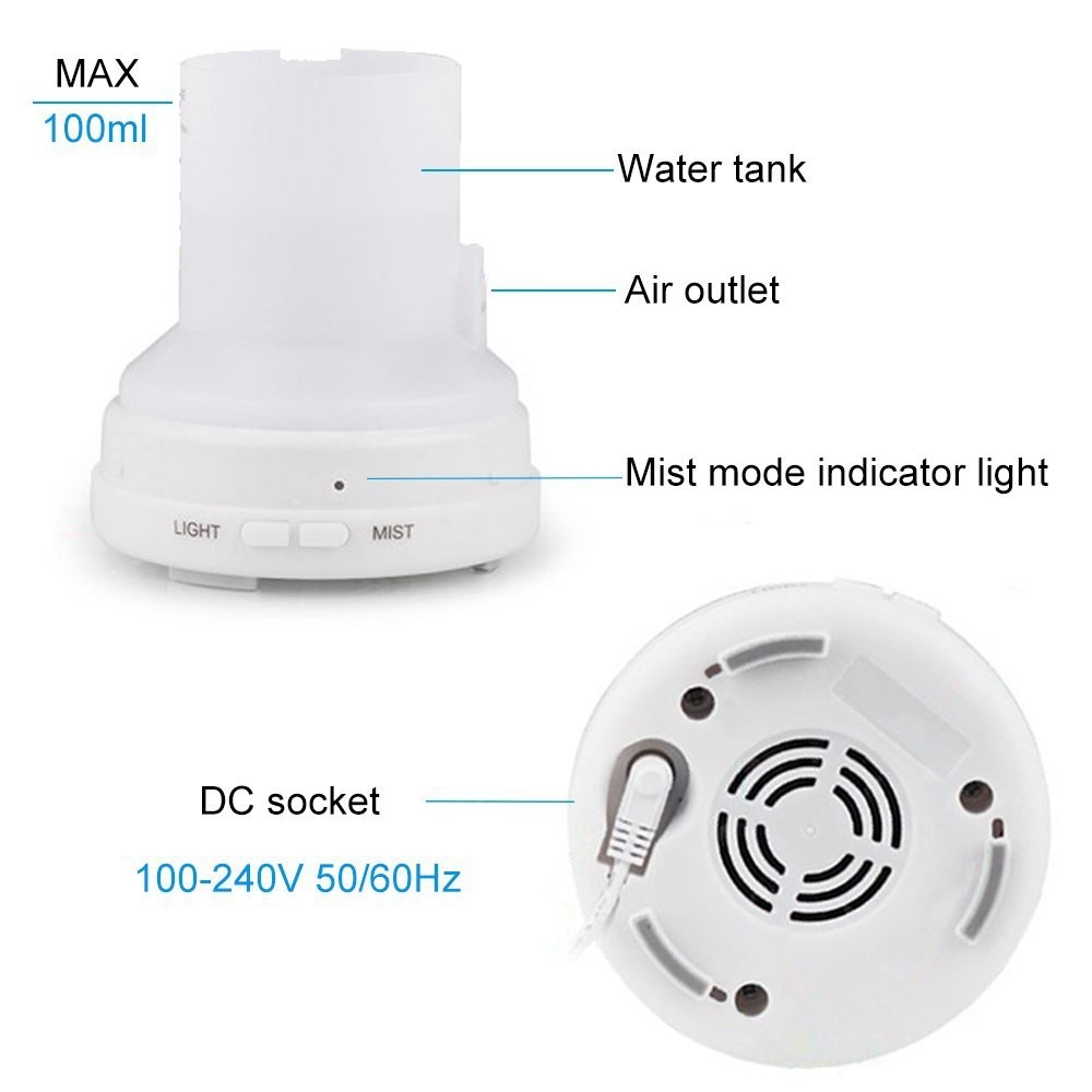 Mini Ultrasonic Essential Oil Diffueser 100ml Mist Humidifier LED Colorful Light -White