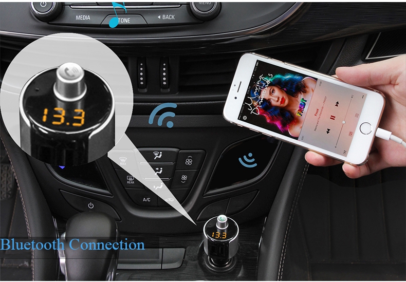 SAST T56 Dual USB Ports Wireless Bluetooth Car Charger MP3 Player FM Transmitter Handsfree Calling with Voltage Diagnostic - Black+Silver