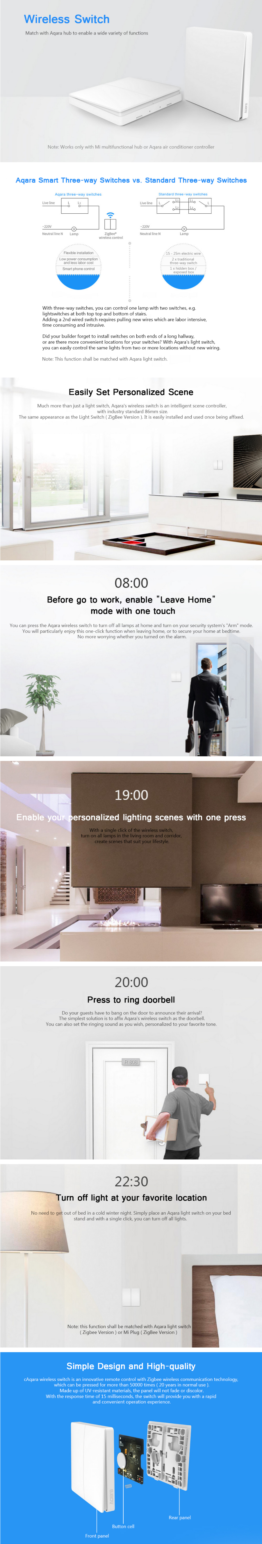 Xiaomi Aqara Wall Switch Zigbee Version Single-key Wireless Control App Control Doorbell Function Anti-UV Material -White