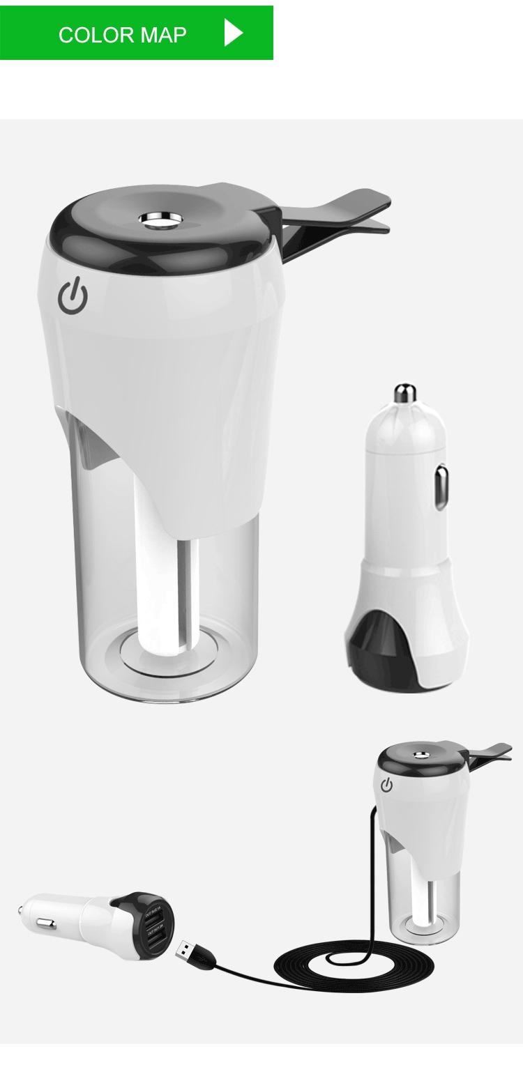 BC20 Multi-functional Car Charger Car Air Purifier Aroma Humidifier 5V 2.1A Portable Dual USB Continuous Intermittent Humidification - White
