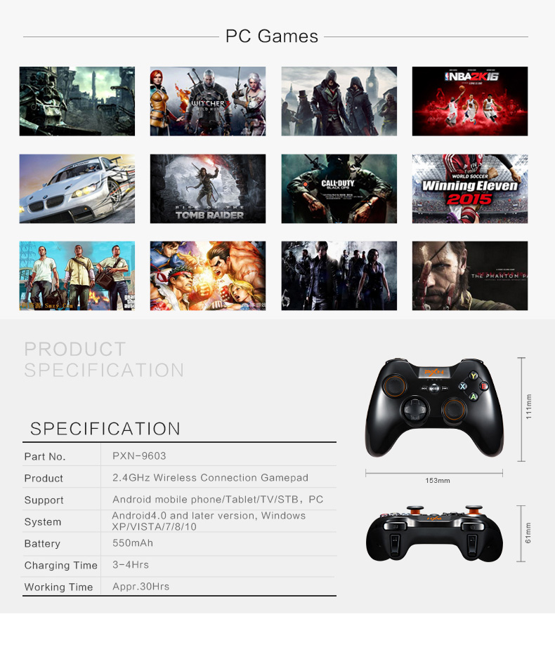 PXN-9603 2.4GHz Wireless Gamepad Game Controller Vibration Handle Mouse Simulation for PC/PS3/Android - Black