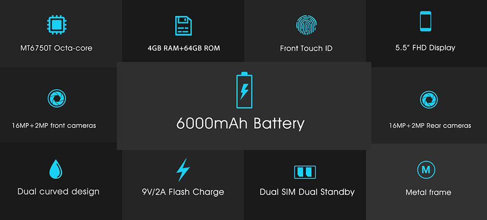 OUKITEL K3 5.5 Inch 4G LTE Smartphone 6000mAh Battery 4GB RAM 64GB ROM 16MP MT6750T Octa Core Android 7.0 Four Cameras Touch ID - Blue