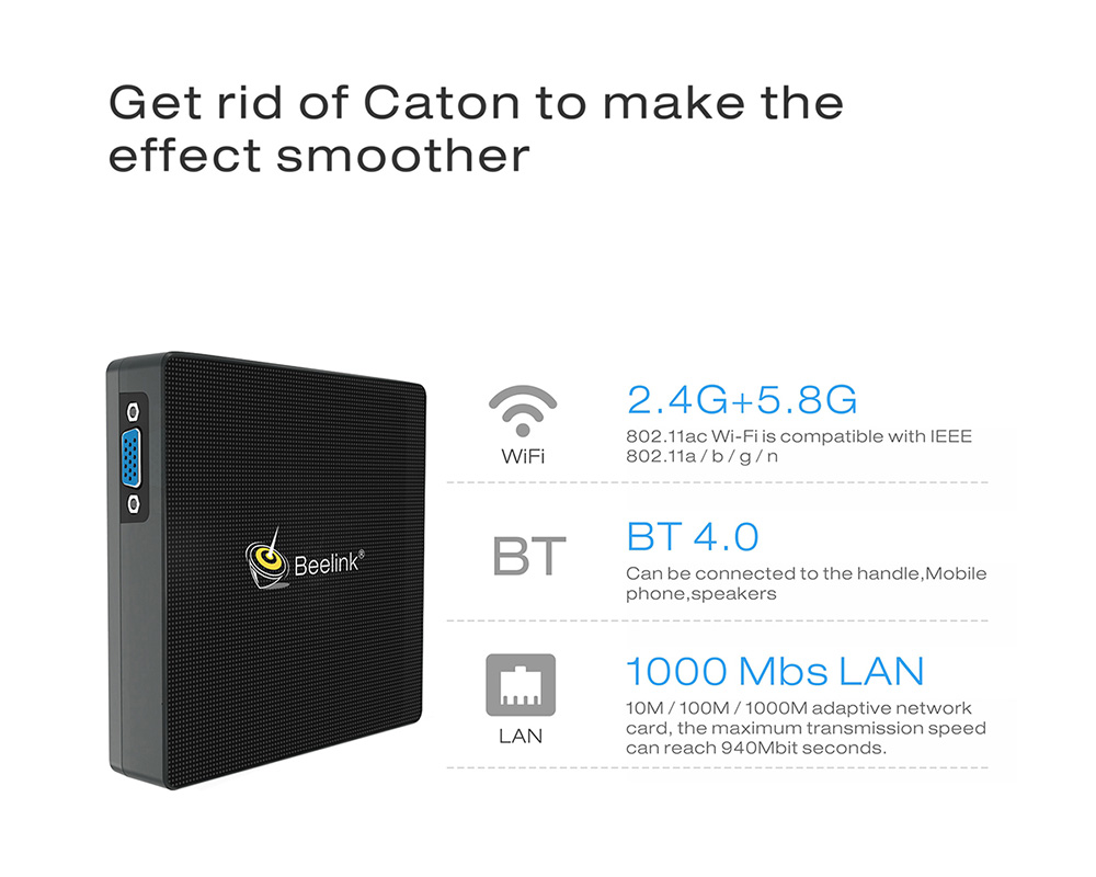 Beelink M1 Licensed Windows 10 64Bit MINI PC Intel Apollo Lake N3450 4GB/64GB 2.4G/5.8G WIFI Gigabit LAN VGA HDMI USB3.0 - Black