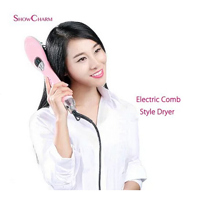 SHOWCHARM SC-813 Electric Comb Style Hair Dryer Automatic Hair Brush with Temperature LED Display -US Plug/Pink