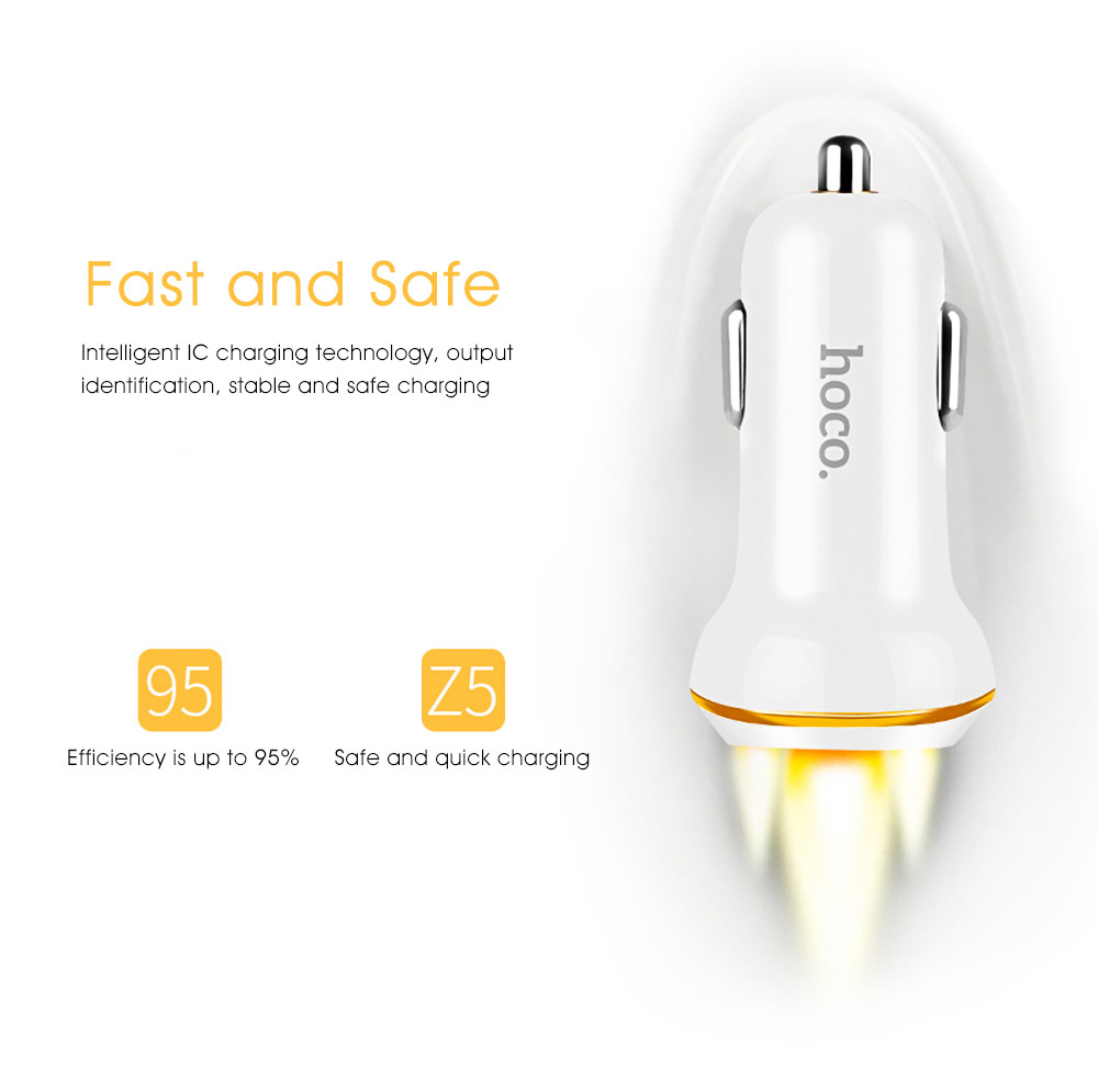 HOCO Z5 Single USB Smart Car Charger 5V 3.4A with Type-C Micro USB 8Pin Three in One Cable Wide Compatible - White