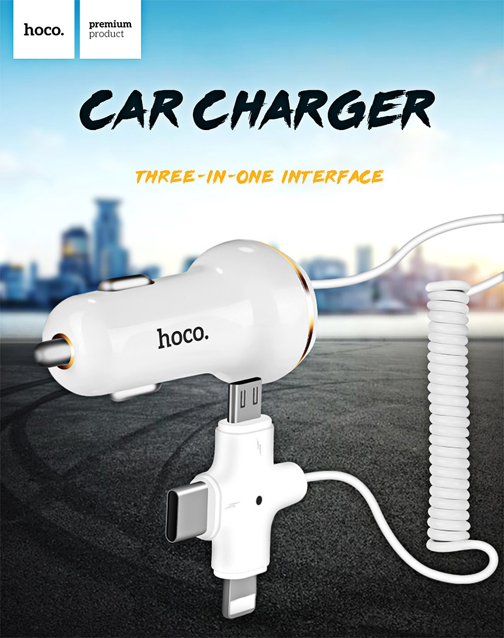 HOCO Z5 Single USB Smart Car Charger 5V 3.4A with Type-C Micro USB 8Pin Three in One Cable Wide Compatible - White
