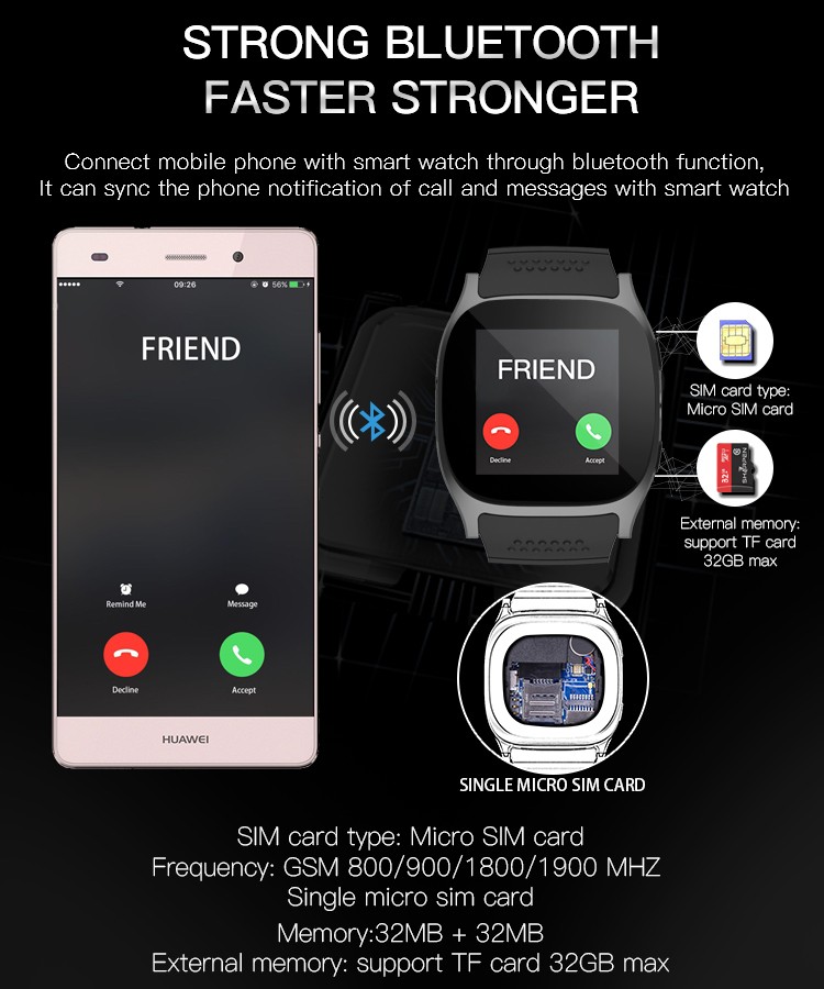 T8 Bluetooth Smart Watch Phone MTK6261D 1.54" Touch Screen TF Card Micro SIM Card LBS Locating FM Radio 0.3MP Camera - White