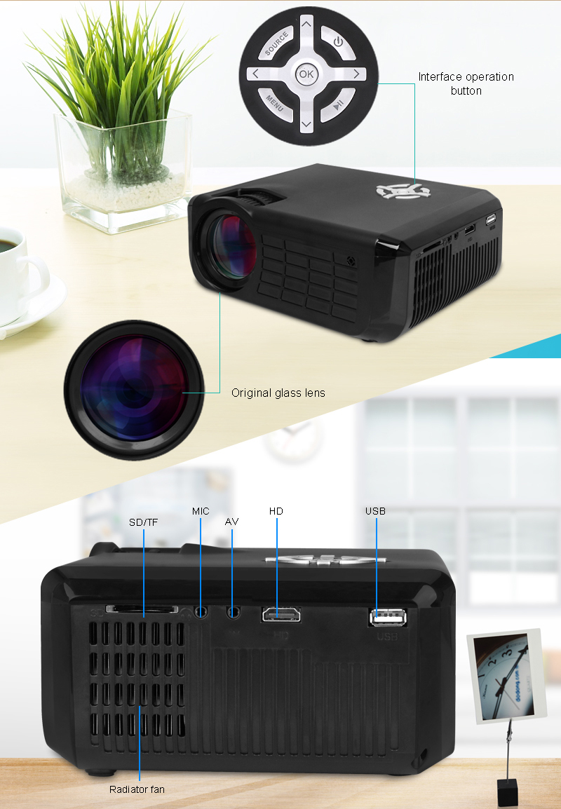 M17 Projector 1800 Lumens LCD 1280 x 720 Native Resolution Support HDMI USB AV Input - Black