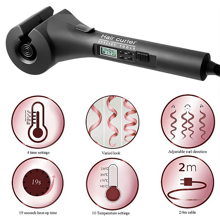 ShowCharm SC-811 Ceramic Hair Curler Automatic Curling Iron Wand Curls Machine with LCD Screen -US Plug