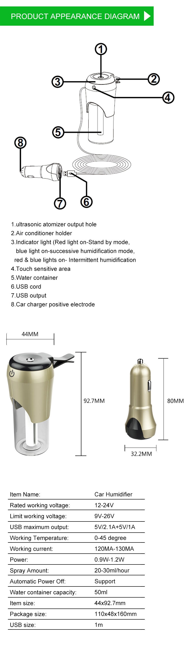 BC20 Multi-functional Car Charger Car Air Purifier Aroma Humidifier 5V 2.1A Portable Dual USB Continuous Intermittent Humidification - White