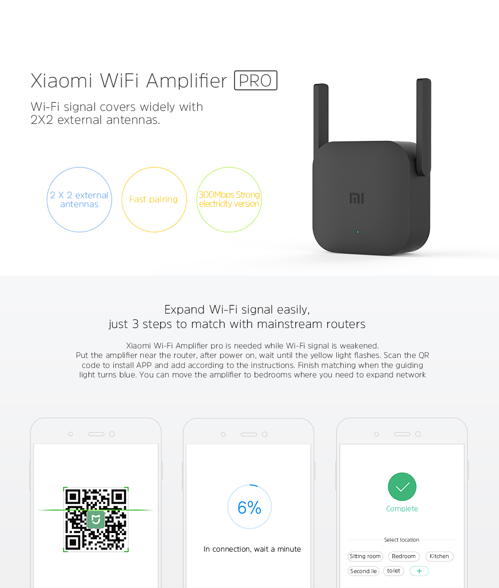 Original Xiaomi WiFi Amplifier Pro 2X2 External Antenna 300Mbps Support 64 Devices Simultaneous Link - Black