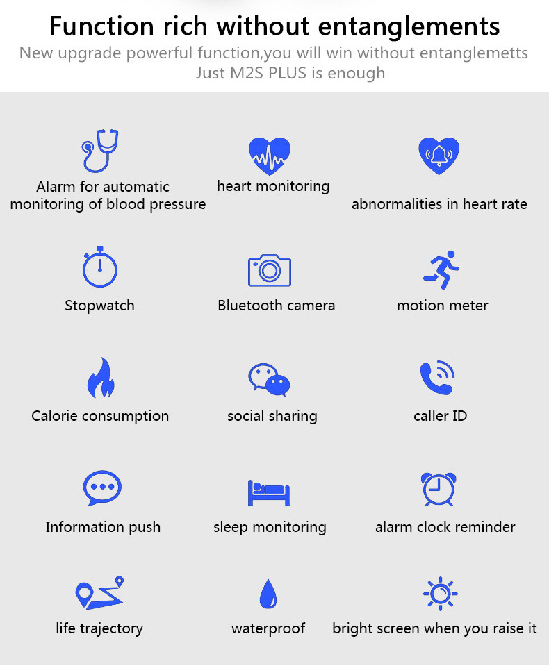Makibes M2S Plus Smart Bracelet Heart Rate Blood Pressure Pulse Meter Fitness Tracker Blue tooth Compatible with iOS Android - Black