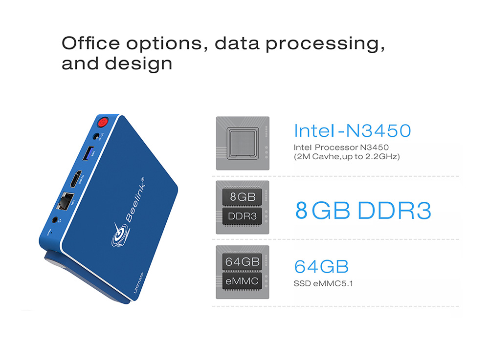 Beelink AP34 Licensed Windows 10 64Bit MINI PC Intel Apollo Lake N3450 8GB/64GB 2.4G/5.8G WIFI Bluetooth Gigabit LAN HDMI - Blue
